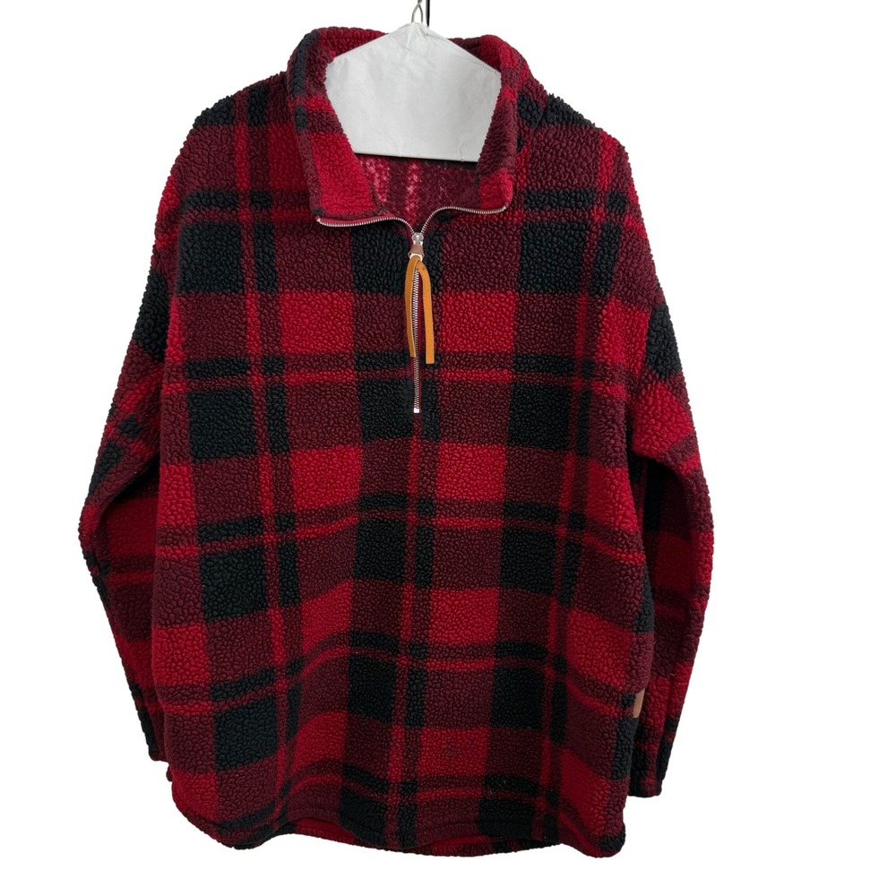 Maurice's Women's 0X Red Black‎ Buffalo Plaid Sherpa Fleece Quarter Zip Pullover